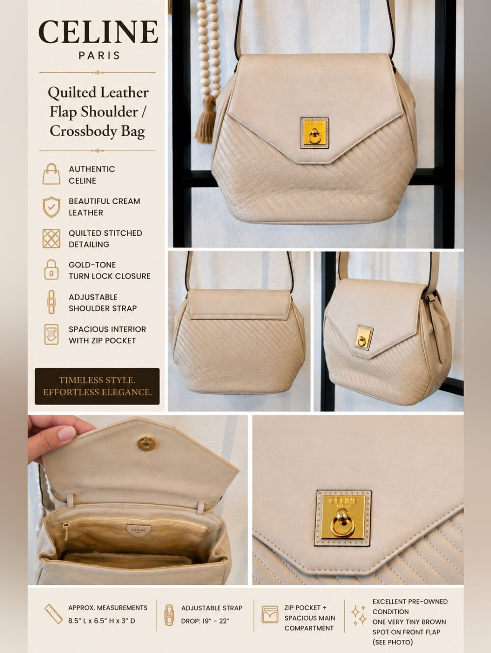 Celine Cream Quilted Leather Shoulder Crossbody Clutch Bag + COA